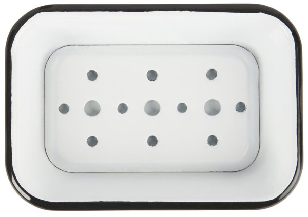 Smaltovaná obdĺžniková mydelnička bielej farby s čiernym lemom.