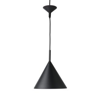 Závesná kovová lampa v tvare visiaceho kužeľa v matnej čiernej farbe o priemere 22 cm a s dĺžkou kábla 150 cm.
