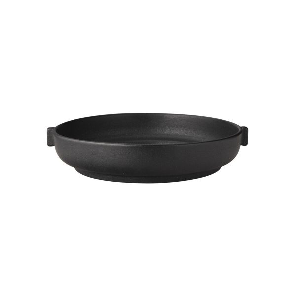 Kameninový servírovací tanier s uškami o priemere 30 cm v čiernej farbe.