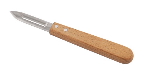 Jednoduchá škrabka na zemiaky s rúčkou z olejovaného bukového dreva a s čepeľou v dĺžke 5,5 cm.