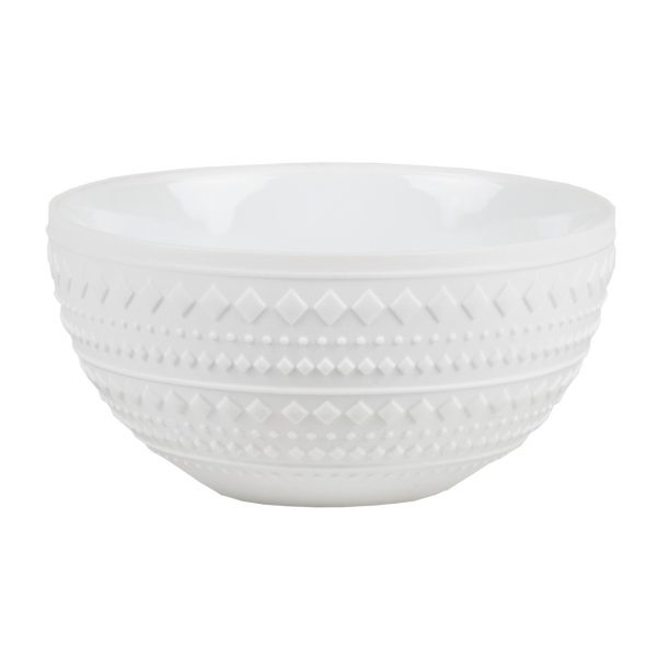 Biela porcelánová miska so vzorom v tvare diamantov o priemere 13,5 cm vysoká 7 cm.