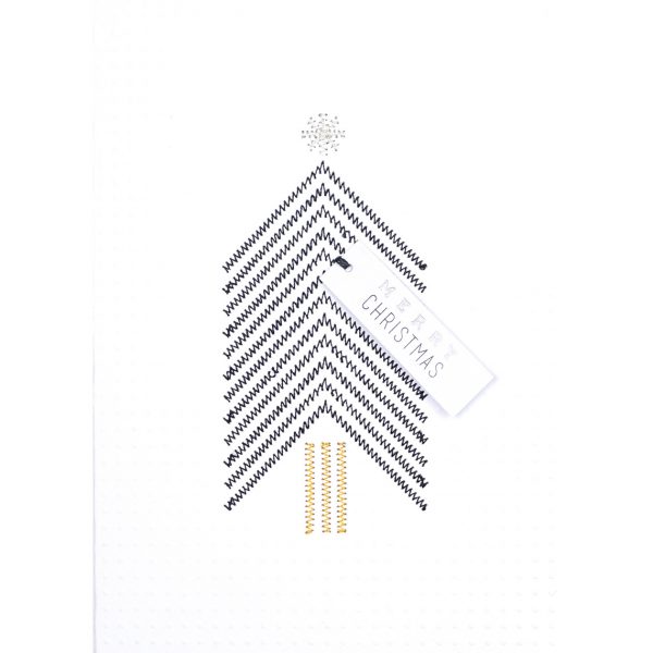 Otváracia vianočná pohľadnica v bielej farbe s čiernym vianočným stromčekom so zlatým kmeňom a nápisom "MERRY CHRISTMAS".