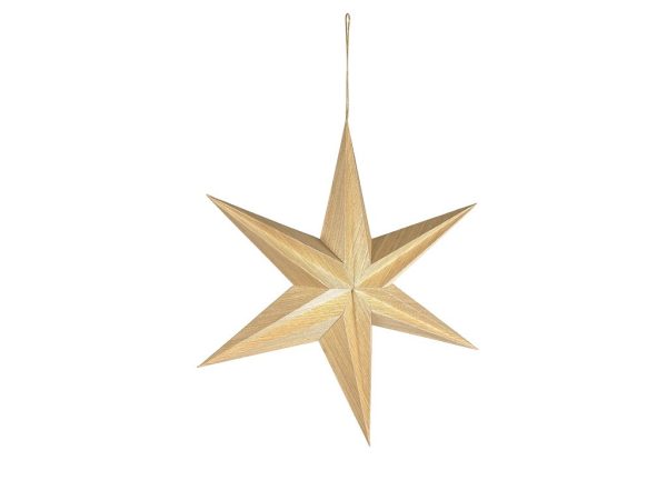 Dekoratívna vianočná hviezda STAR 50 je vyrobená ručne z drevenej dyhy a papiera, s jutovou šnúrkou na zavesenie.