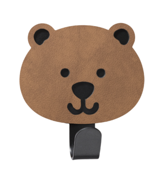 Kožený vešiak pre deti v tvare hlavy medveďa v prírodnej hnedej farbe a rozmere 7,5 x 6 cm s jedným čiernym oceľovým háčikom.