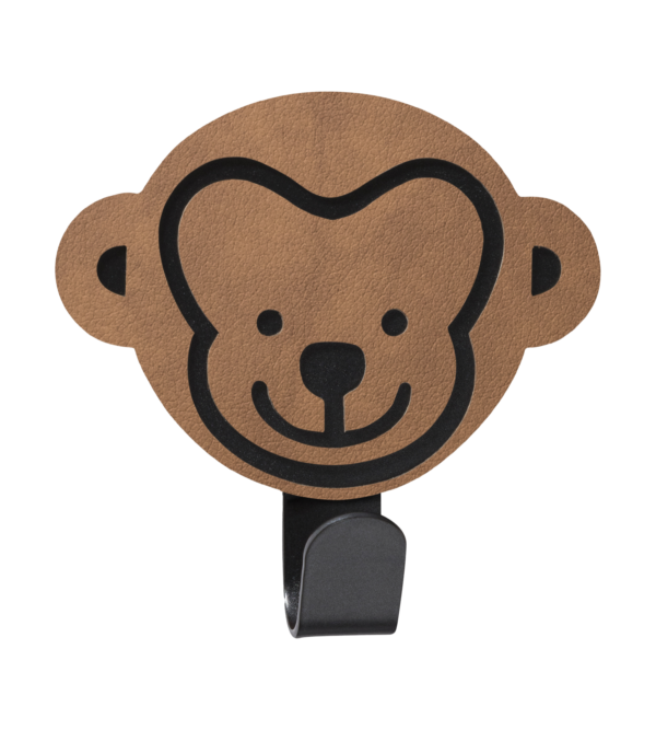 Kožený vešiak pre deti v tvare hlavy opice v prírodnej hnedej farbe a rozmere 9 x 6,5 cm s jedným čiernym oceľovým háčikom.