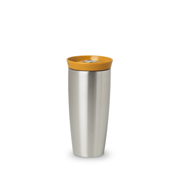 Jednoduchý termo pohár z nehrdzavejúcej ocele s plastovým vekom s tlačidlom v objeme 400 ml.