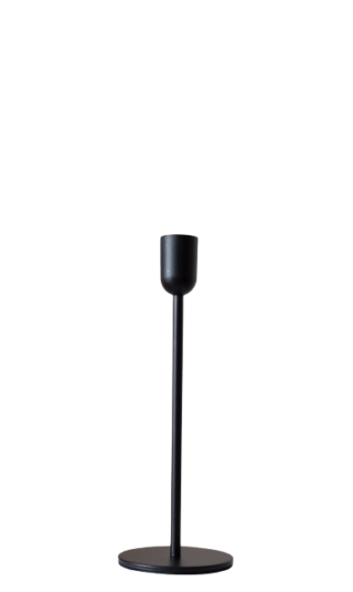 Jednoduchý čierny kovový svietnik na nôžke s podstavcom vysoký 22 cm s držiakom na sviečku o priemere o 8 cm.