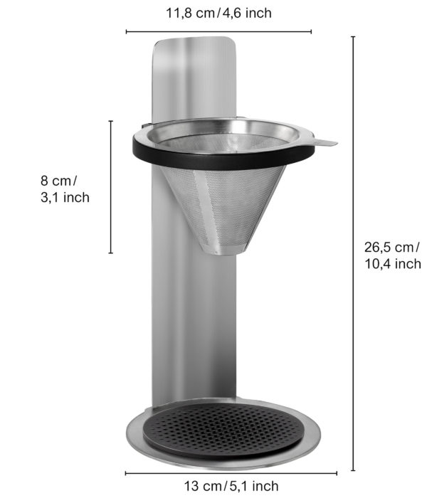 Moderný kávovar na prekvapkávanie z nehrdzavejúcej ocele s nastaviteľnou výškou pre nádobu do 18 cm a s jemným filtrom o priemere 11,8 cm a výške 8 cm.