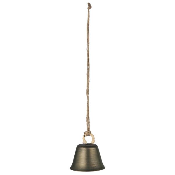 Kovový závesný zvonček na špagáte v mosadznej farbe s kovovým uškom obaleným bambusovým papierikom. Priemer 4,7 cm a výška 5 cm.
