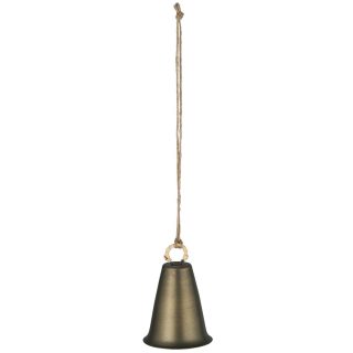 Kovový závesný zvonček na špagáte v mosadznej farbe s kovovým uškom obaleným bambusovým papierikom. Priemer 5,2 cm a výška 7,5 cm.