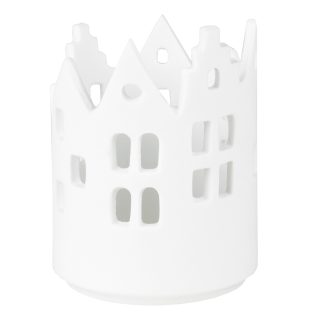Svietnik RÄDER vo forme domového nádvoria z matného bieleho porcelánu v tvare valca vysoký 7,5 cm s priemerom 5,5 cm.