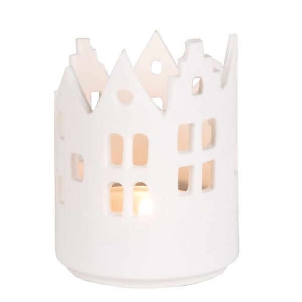 Svietnik RÄDER vo forme domového nádvoria z matného bieleho porcelánu v tvare valca vysoký 7,5 cm s priemerom 5,5 cm.